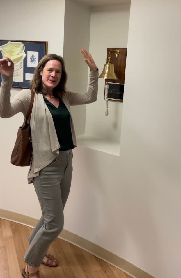 Author rings the bell after a month of radiation treatment at MedStar Georgetown University Hospital in Washington, DC