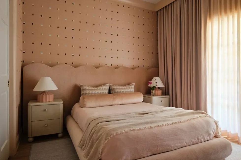 Cozy beige bedroom with patterned walls, plush bed and soft lighting from large curtains.