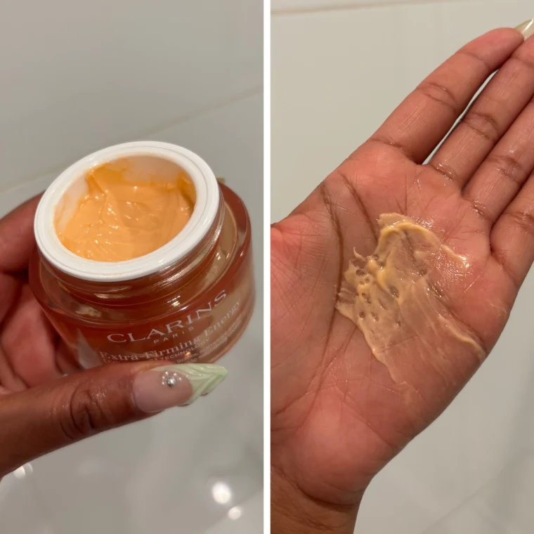 Remove the lid of Clarins Energy Moisturizer and spread it over the palm of your hand.