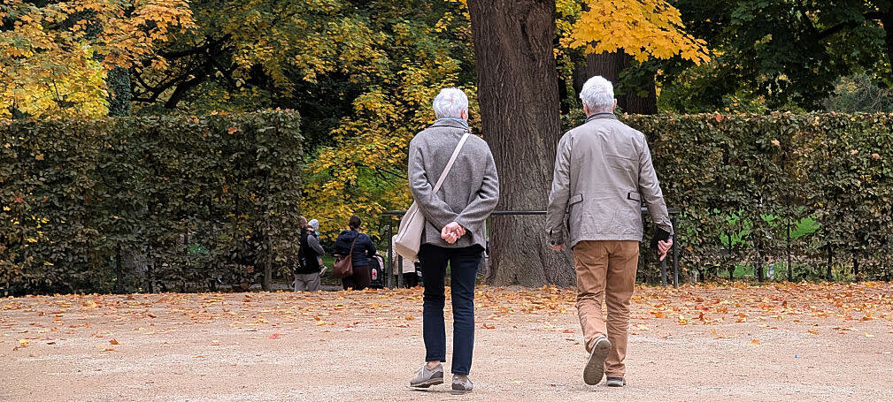 An elderly couple walking in a park surrounded by autumn leaves.